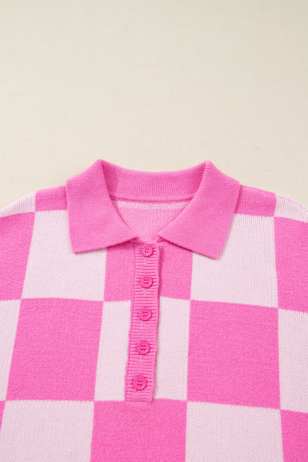 Pink Plus Size Checkered Collared Half Button Sweater Dear-Lover Dropshipping